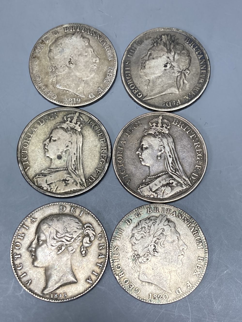 Great Britain, six silver crowns - 1820, VG, 1845, cinquefoil stops, F and 1821, 1845, 1889, 1892